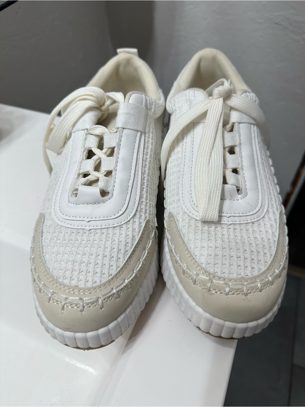 White Knit Platform Sneakers with Cream Accents